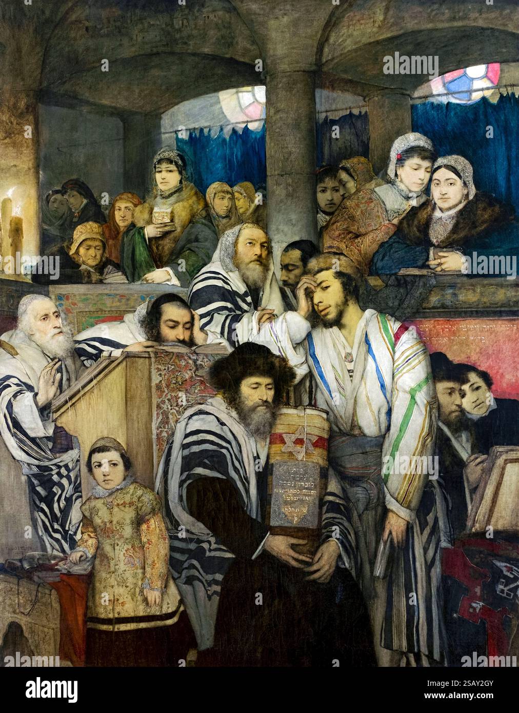 Juifs priant dans la synagogue de Yom Kippour par l'artiste polonais Maurycy Gottlieb (1856-1879) peint en 1878 montrant une scène solennelle de fidèles juifs pendant les services de Yom Kippour à Drohobych dans la Galice autrichienne de l'époque, aujourd'hui Ukraine. Banque D'Images Juifs priant dans la synagogue de Yom Kippour par l'artiste polonais Maurycy Gottlieb (1856-1879) peint en 1878 montrant une scène solennelle de fidèles juifs pendant les services de Yom Kippour à Drohobych dans la Galice autrichienne de l'époque, aujourd'hui Ukraine. Banque D'Images
