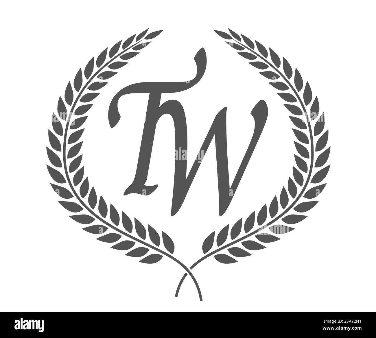 Lettre initiale T et W, logo monogramme TW avec couronne de laurier. Emblème de luxe avec police calligraphie.. Lettre initiale T et W, logo monogramme TW avec couronne de laurier. Police calligraphie de luxe. Illustration de Vecteur