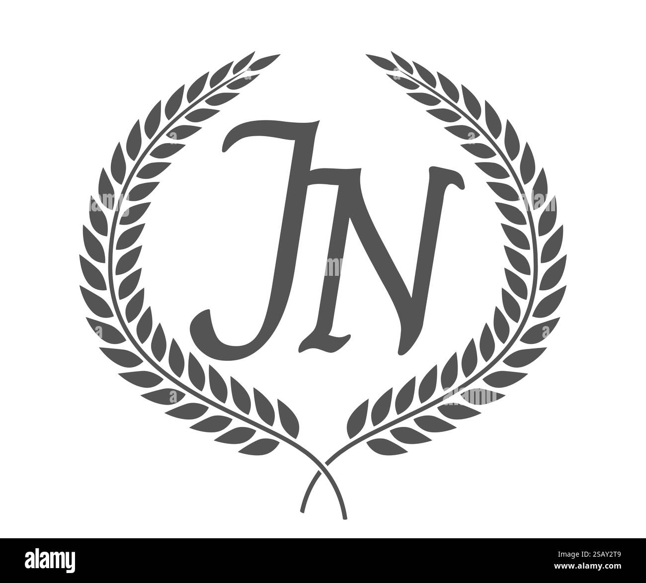 Lettre initiale J et N, logo monogramme JN avec couronne de laurier. Emblème de luxe avec police calligraphie.. Lettre initiale J et N, logo monogramme JN avec couronne de laurier. Police calligraphie de luxe. Illustration de Vecteur