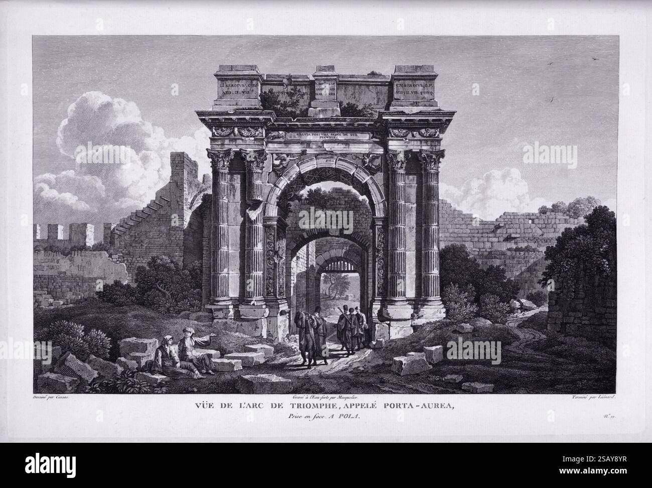 Illustration tirée de 'voyage pittoresque et historique de l'Istrie et de la Dalmatie' (voyage pittoresque et historique de l'Istrie et de la Dalmatie), publié à Paris en 1802. Objet : vue de l'arc de triomphe appelé Porta Aurea, vu de face. A Pula. Banque D'Images Illustration tirée de 'voyage pittoresque et historique de l'Istrie et de la Dalmatie' (voyage pittoresque et historique de l'Istrie et de la Dalmatie), publié à Paris en 1802. Objet : vue de l'arc de triomphe appelé Porta Aurea, vu de face. A Pula. Banque D'Images