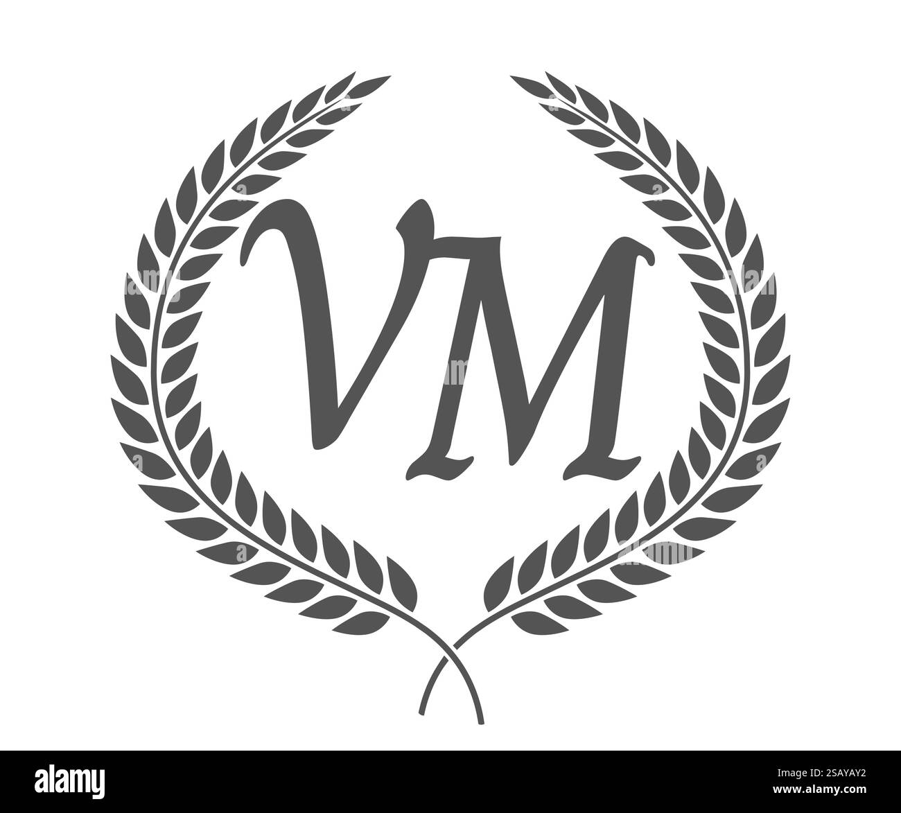 Lettre initiale V et M, logo VM monogramme avec couronne de laurier. Emblème de luxe avec police calligraphie.. Lettre initiale V et M, logo VM monogramme avec couronne de laurier. Police calligraphie de luxe. Illustration de Vecteur