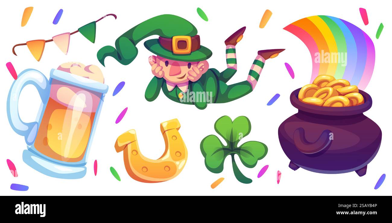 Symboles de Saint Patricks Day isolés sur fond blanc. Illustration vectorielle de dessin animé de leprechaun vert dans le chapeau, fer à cheval doré, arc-en-ciel au-dessus du chaudron avec des pièces de monnaie, verre de bière, feuilles de trèfle Illustration de Vecteur