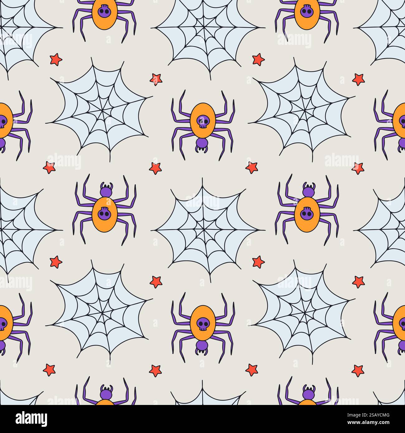 Modèle sans couture avec araignées d'Halloween dessinées à la main et toile d'araignée Illustration de Vecteur