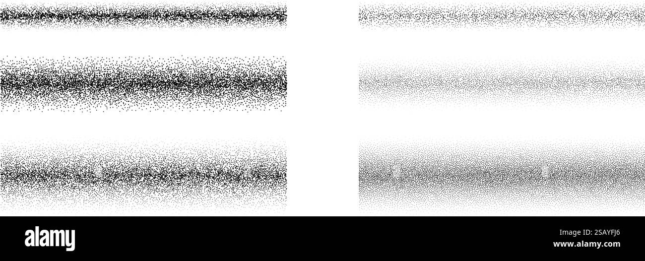 Ensemble de textures dégradées en pointillés noirs. Collection d'éléments de brosse à grain pointillés. Groupe de motifs de bruit de diffusion de fondu. Vaporiser l'arrière-plan des traits de trait en pointillé. Faisceau de sable granuleux rectangulaire. Vecteur Illustration de Vecteur