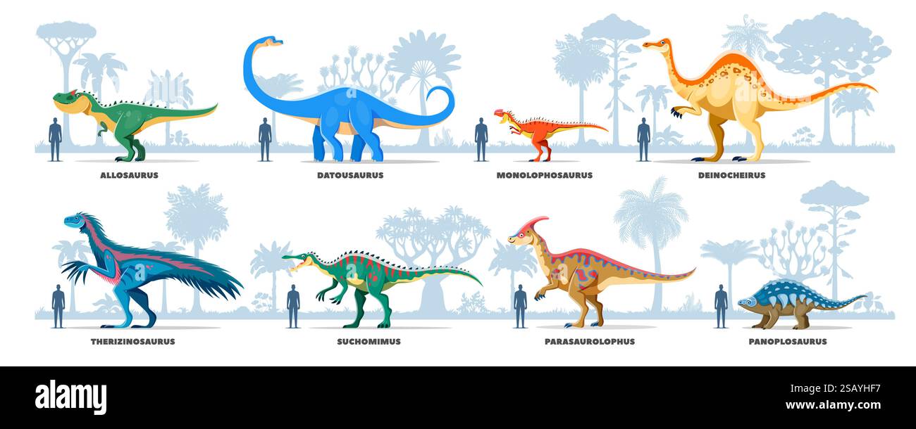 Taille des dinosaures aux infographies de comparaison humaine. Paléontologie préhistorique reptile comparaison de taille des animaux de reptiles infographies vectorielles. Allozaurus jurassique, su Illustration de Vecteur