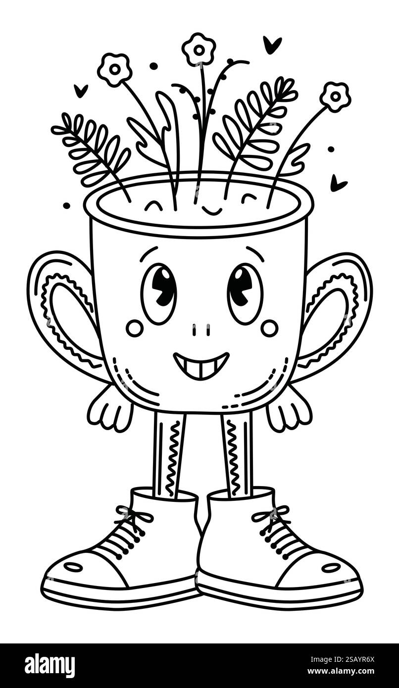 Personnage de tasse à café groovy, pot fantaisiste avec des plantes, doodle vecteur de ligne noire, dessin animé ludique à la mode d'un petit homme dans de grandes chaussures, coup modifiable Illustration de Vecteur