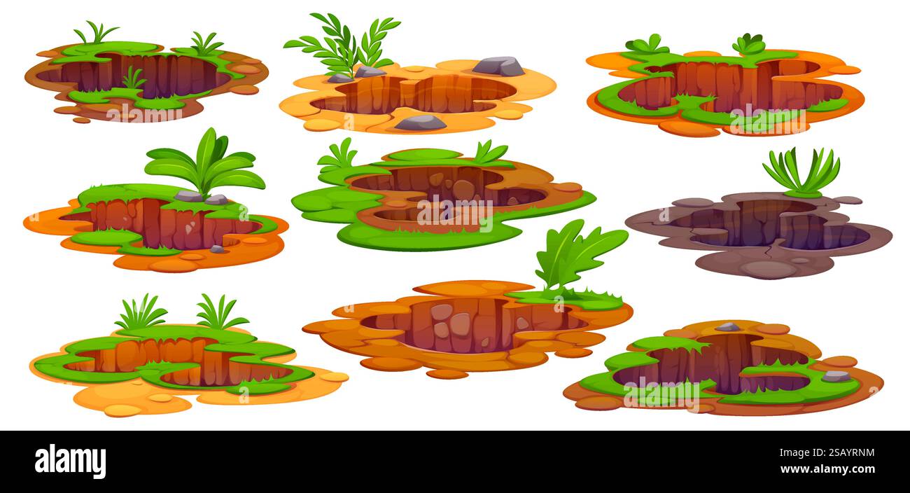 Trous de dessin animé au sol, fosses sales profondes et terriers entourés de verdure, de rochers et de différents types de sol, mettant en valeur des paysages naturels. Isolé Illustration de Vecteur
