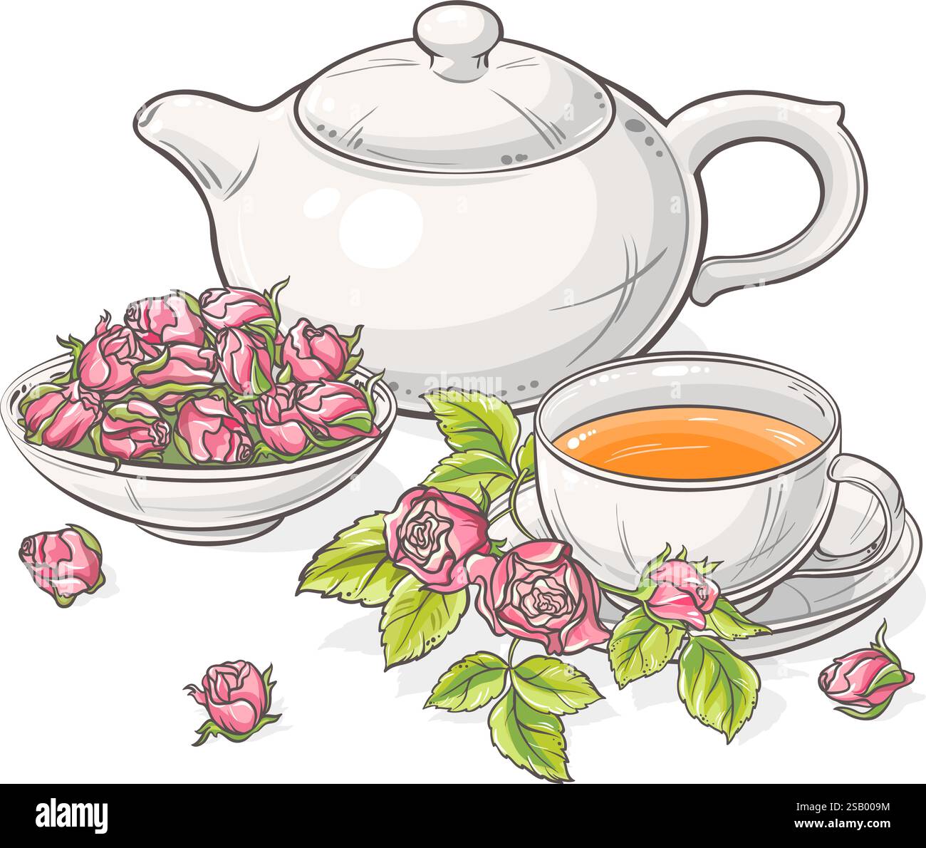 Tasse de thé rose et théière vecteur isolé pour la conception et la décoration pour cafétéria, affiches, bannières, cartes. Tasse de boisson chaude réchauffant l'hiver. Aroma Be Illustration de Vecteur