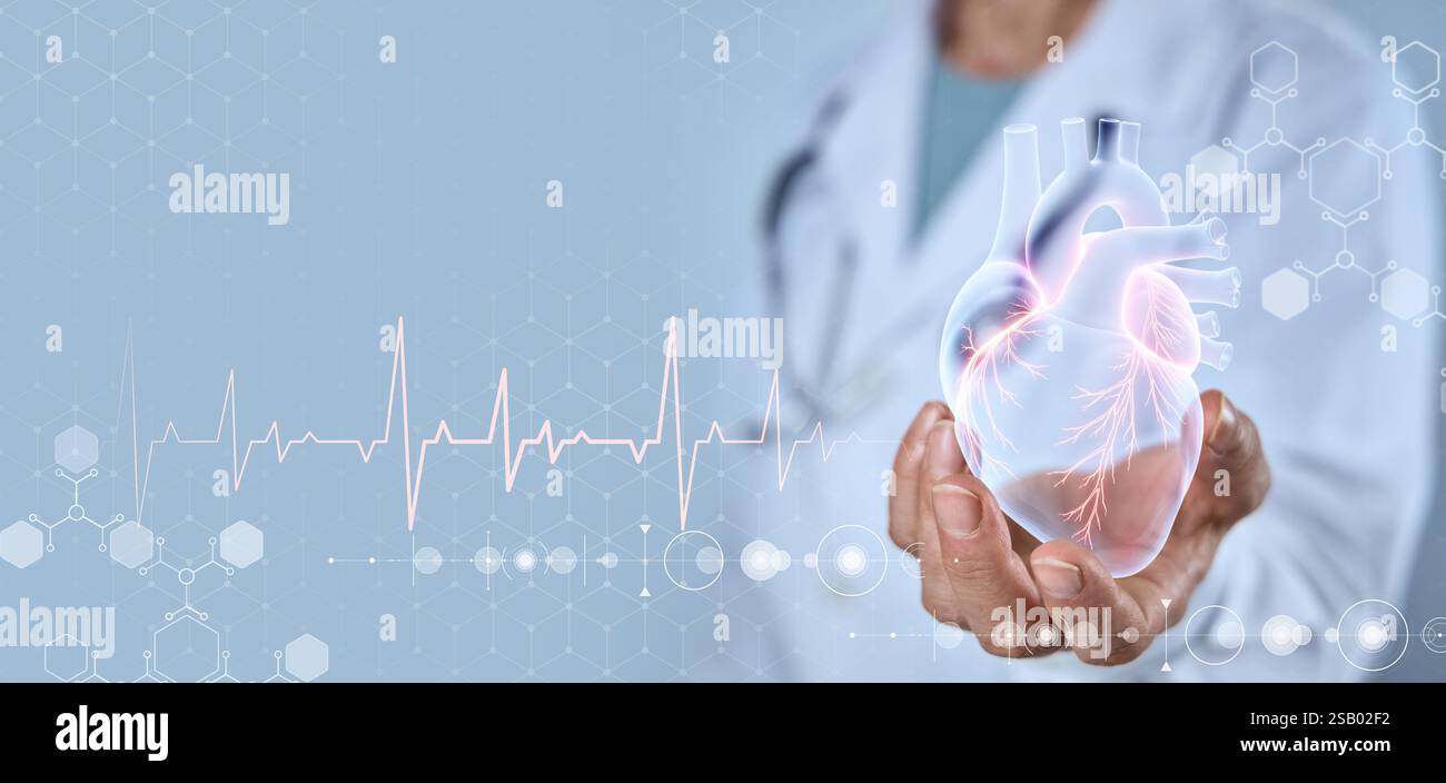 Docteur touche hologramme sur l'interface moderne. Concept de surveillance de la santé, assurance maladie, formation avec les technologies modernes. Banque D'Images