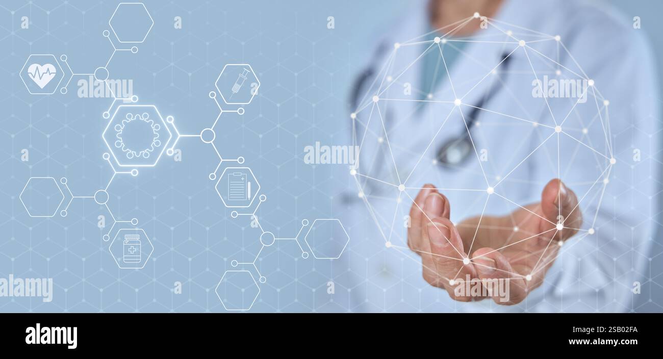 Docteur touche hologramme sur l'interface moderne. Concept de surveillance de la santé, assurance maladie, formation avec les technologies modernes. Banque D'Images