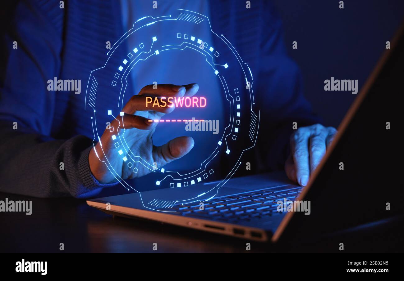 Concept de sécurité et de réinitialisation du mot de passe en ligne. Une personne entre un mot de passe sur un ordinateur portable, à l'aide d'un clavier virtuel. Banque D'Images