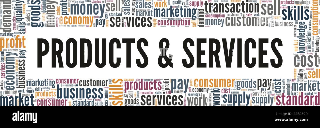 Conception conceptuelle de nuage de mots de produits et services isolé sur fond blanc. Illustration de Vecteur