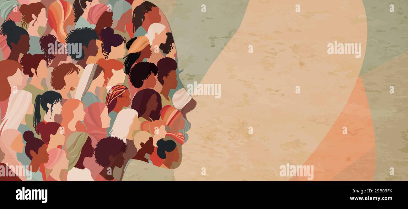 Profil silhouette groupe de nombreuses femmes et filles multiculturelles formant une tête de femme en profil. Communauté féminine de réseau social. Égalité raciale. Illustration de Vecteur