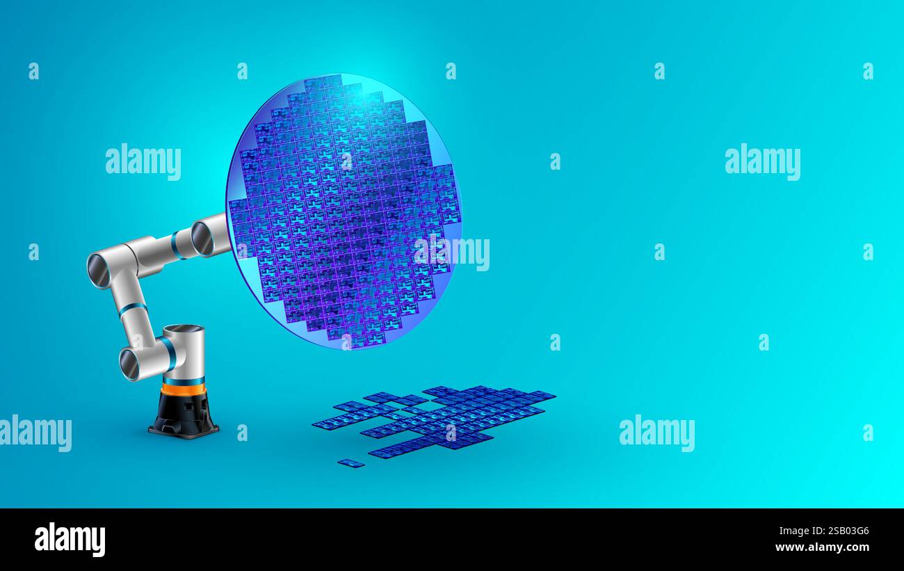 Bras robotique pour semi-conducteurs ou entre-brides de silicium sur l'usine électronique. Puces semi-conductrices sur plaquette circulaire de silicium. Procédé de technologie industrielle Illustration de Vecteur