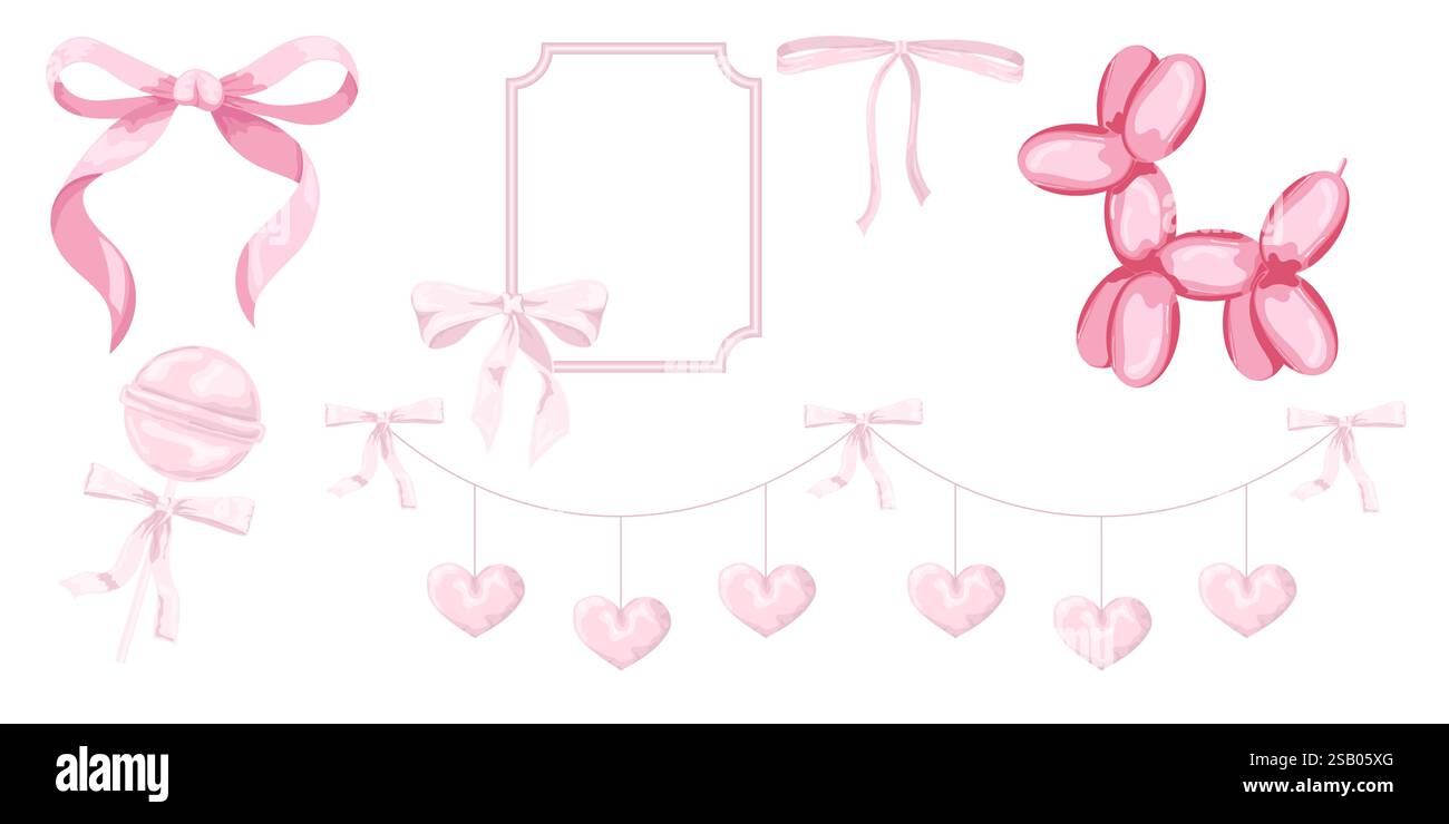 Illustration vectorielle de l'arc vintage girly rose et de l'ensemble de cadre. Archet pour décor de cheveux plat. Rubans isolés. Sucette rose. Éléments de coiffure mignons Illustration de Vecteur