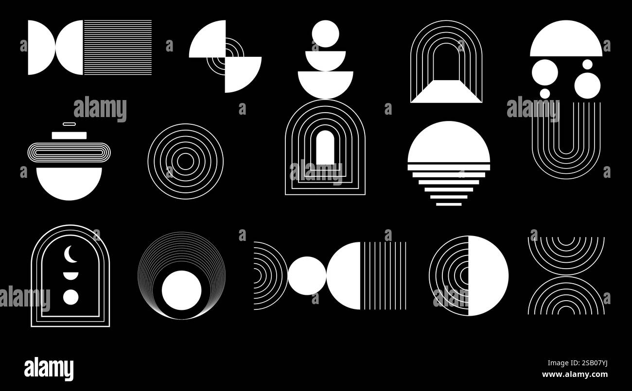 Lignes géométriques arcs et cercles abstraits. Ensemble moderne à motif mi-siècle. Rayures et grilles esthétiques boho modernes. Bauhaus memphis Illustration de Vecteur