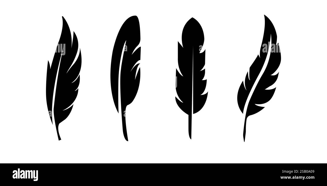 Icône de plume d'oiseau ensemble illustration vectorielle isolé sur . Icônes de plume d'oiseau. Silhouettes vectorielles de stylos à plume noires, aile d'ange moelleuse Illustration de Vecteur