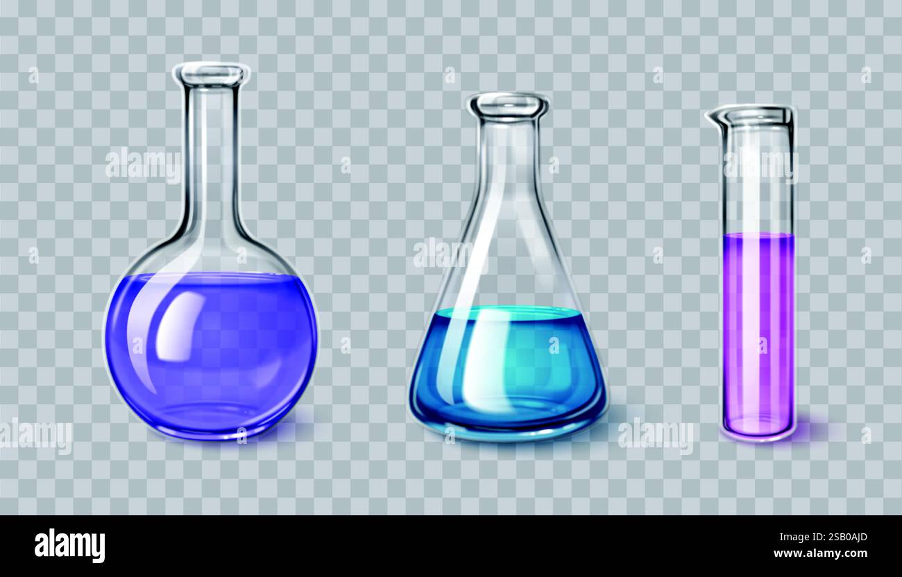 Ensemble de verrerie de laboratoire de chimie de récipients transparents 3d avec des liquides colorés - flacon rond avec solution violette, bécher conique avec fluide bleu et tube à essai cylindrique avec substance rose. Illustration de Vecteur