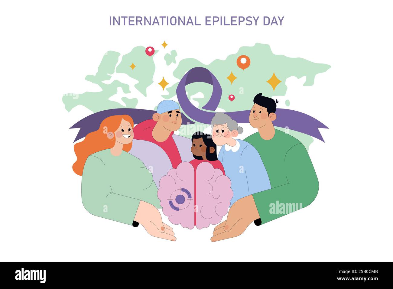 Illustration de la Journée internationale de l'épilepsie. Un groupe diversifié de personnes soutient la sensibilisation et la compréhension de l'épilepsie. La communauté s’unit autour d’un symbole de cerveau et d’un ruban violet, reflétant l’espoir et la solidarité. Illustration vectorielle. Illustration de Vecteur