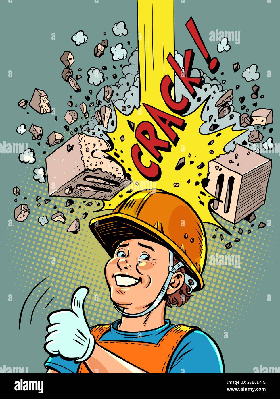 Casque sauve le travailleur de la brique. Sécurité dans les entreprises et les chantiers de construction. Protection fiable contre les problèmes inattendus. Bande dessinée pop art retr Illustration de Vecteur