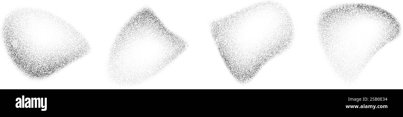 Formes de gouttes de gradient en pointillés avec décoloration liquide. Ensemble d'objets pointillés noirs. Taches et taches granuleuses. Des éclaboussures de bruit et des éclaboussures se forment. Dissoudre la texture de poussière de sable. Eléments de demi-teintes fluides vectoriels Illustration de Vecteur