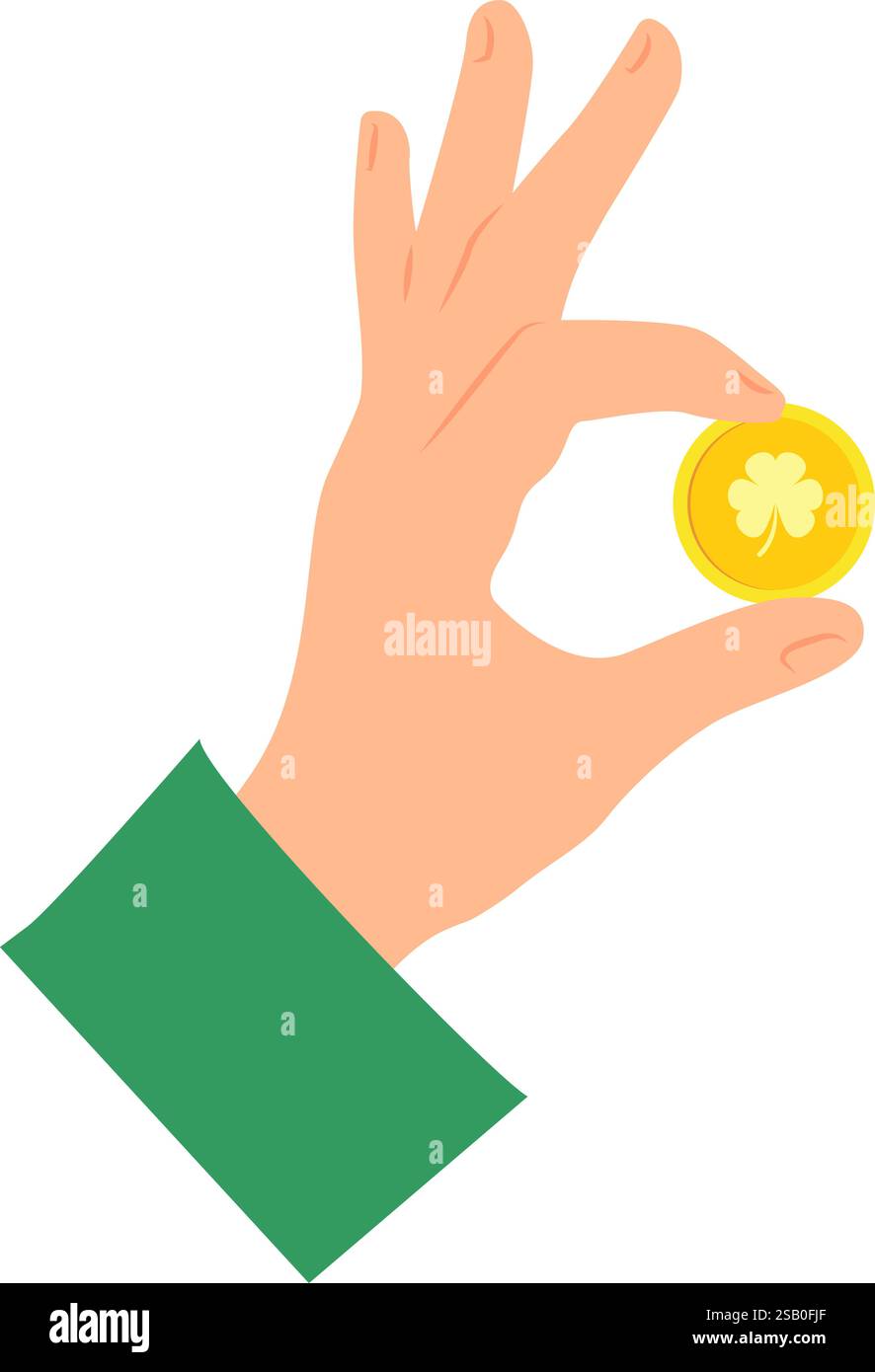 Main portant la manche verte tenant une pièce d'or avec l'image de trèfle. Illustration vectorielle avec fond transparent Illustration de Vecteur