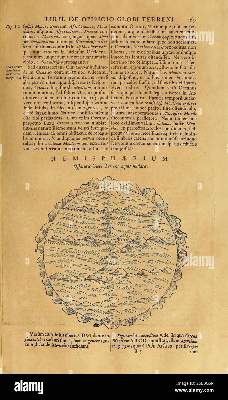 Mundus subterraneus, in XII libros digestus, Amstelodami, apud Joannem Janssonium à Waesberge & filios, 1678, science, histoire naturelle, géologie, L'image présente une illustration complexe d'une sphère céleste, présentant une représentation détaillée des hémisphères de la Terre. Autour de la sphère se trouvent des lignes tourbillonnantes qui représentent les vagues océaniques, soulignant la nature dynamique de l'eau. Le texte d'accompagnement semble être dans une langue historique, probablement latine, avec des références à la structure et à la nature de la Terre. Cette pièce combine la recherche scientifique avec la représentation artistique, servant comme Banque D'Images
