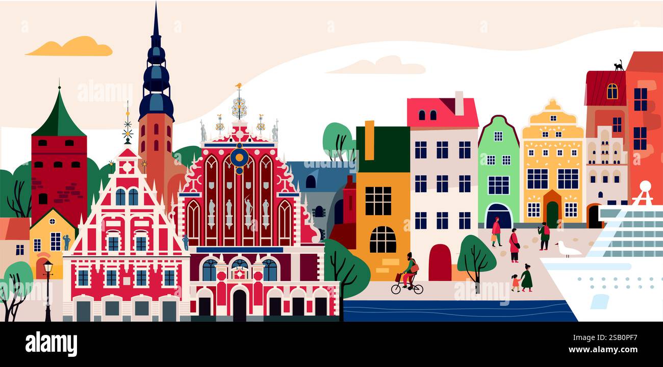 Vue panoramique de la vieille partie de Riga. Symboles et monuments célèbres des bâtiments. Flyer ou poster bienvenue en Lettonie. Cité européenne médiévale. Vecteur plat il Illustration de Vecteur