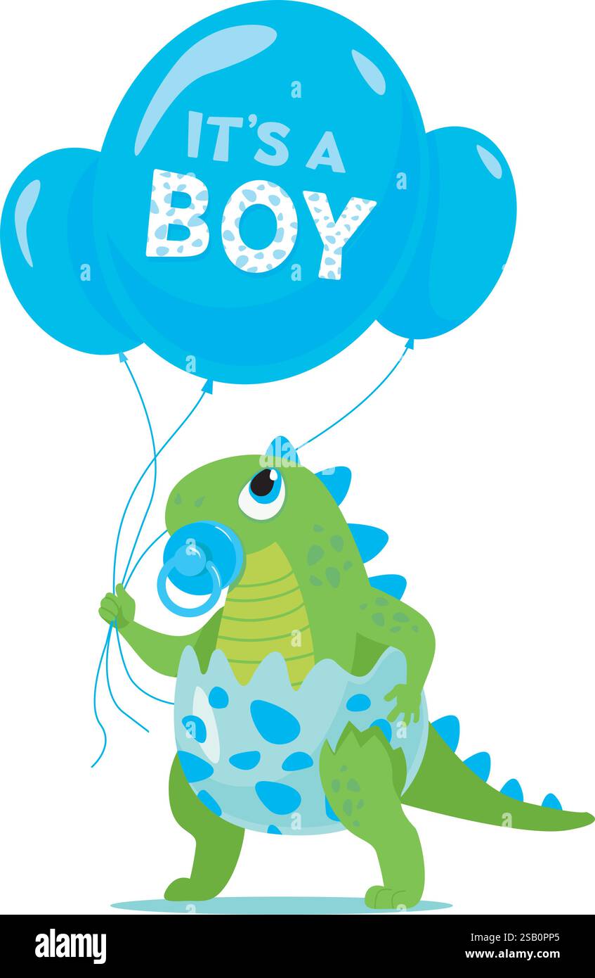 Personnage de dinosaure de bébé garçon mignon tenant des ballons bleus pour la douche de bébé garçon isolé sur fond blanc Illustration de Vecteur