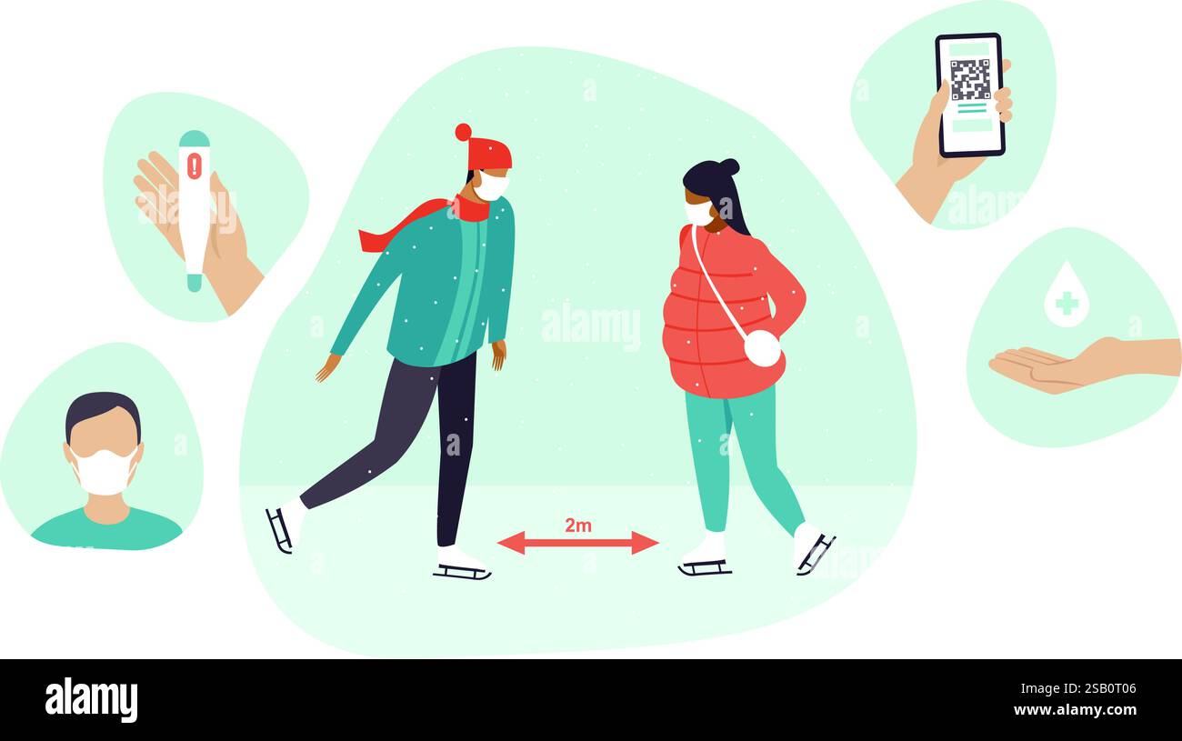 Mesures de sécurité antivirale dans les lieux publics. Patinoire extérieure. Ensemble simple de protection COVID-19. Conseils mesures de protection, prévention du coronavirus, Illustration de Vecteur