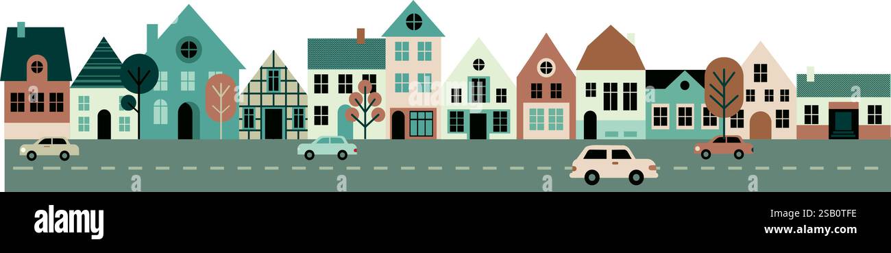 Architecture de rue de ville. Façades de maisons confortables. Ensemble d'éléments décoratifs. Ville dans un style scandinave minimaliste. Illustration vectorielle plate isolée Illustration de Vecteur