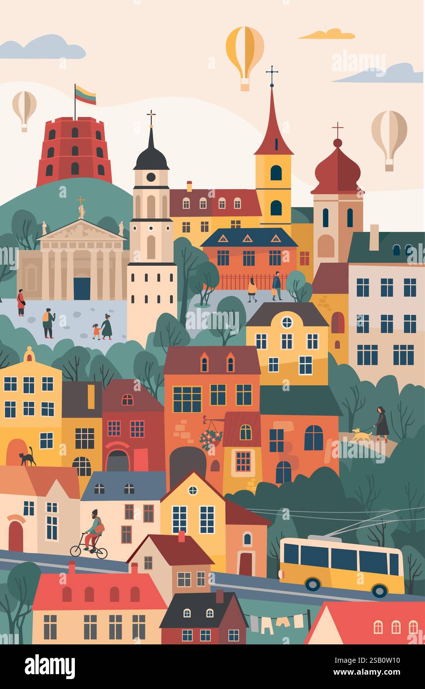 Horizon de Vilnius avec la tour du château de Gediminas, la vieille ville, des montgolfières et d'autres monuments et symboles. Europe paysage de rue de la vieille ville. Capital de Illustration de Vecteur