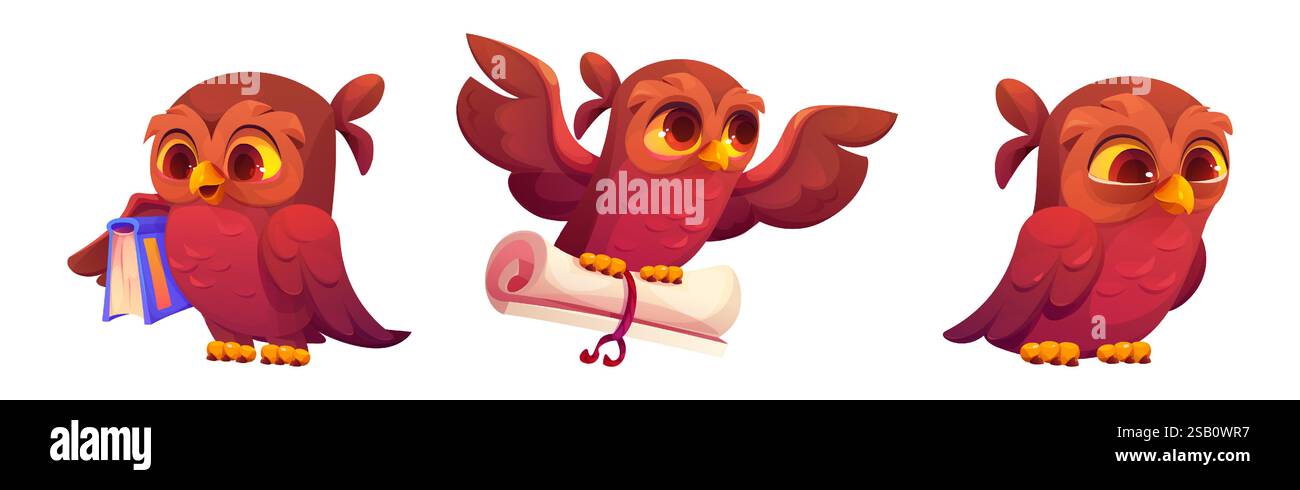Mascotte hibou mignon dans différentes poses avec diplôme défilé ou document et livre de texte de bibliothèque - oiseau de bande dessinée brun avec diverses expressions. Caractère sage enfantin pour la conception d'interface éducative. Illustration de Vecteur