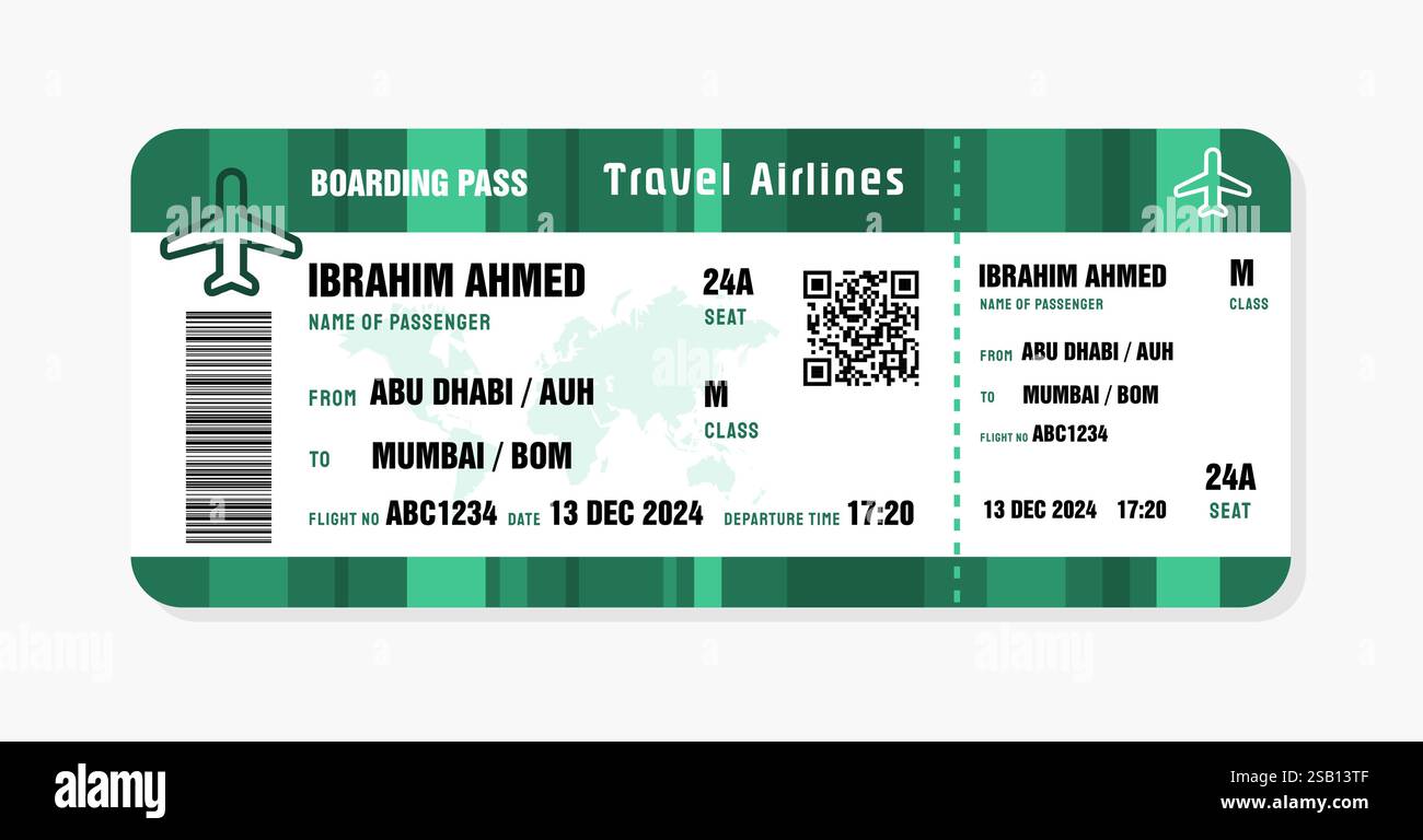 Billet pour Mumbai, Inde. Modèle de carte d'embarquement avec données génériques. Illustration vectorielle de billet d'avion de voyage avec code QR. Illustration de Vecteur