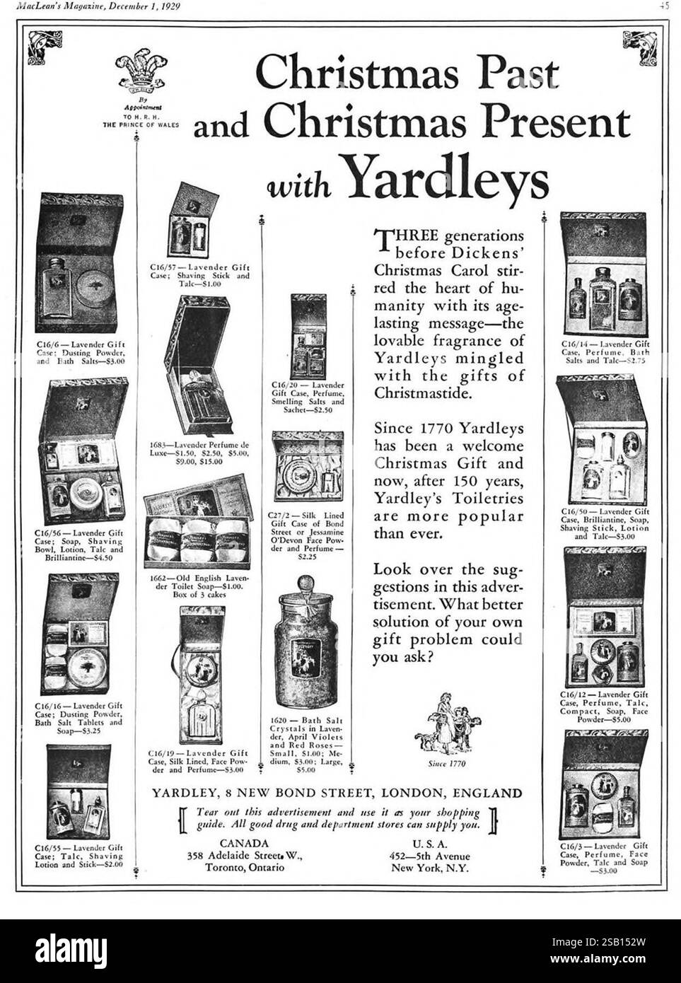 1929 Canadian Yardleys coffrets cadeaux annonce de Noël - Yardley, 8 Bond Street Londres Angleterre Banque D'Images