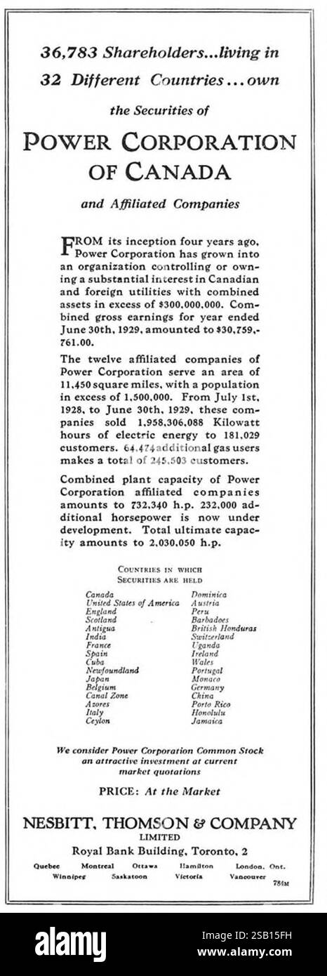 1929 les titres de Power Corporation du Canada annonce - Nesbitt, Thomson & Co Banque D'Images 1929 les titres de Power Corporation du Canada annonce - Nesbitt, Thomson & Co Banque D'Images