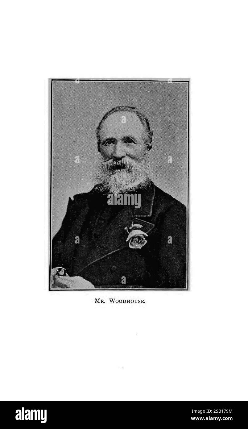 Les plaisirs d'un pigeon-amateur. London, S. Low, Marston, Searle et Rivington, 1886. des pigeons, Un homme distingué à la barbe remarquable, sont représentés, vêtus d'un costume habillé d'une épingle décorative. Il apparaît serein et assuré, avec un léger sourire qui rehausse son expression digne. Le fond complète sa tenue vestimentaire, soulignant sa présence. Son nom, « Mr. Woodhouse », est élégamment inscrit sous le portrait, suggérant une figure importante ou respectueuse au sein de sa communauté ou de sa profession. Banque D'Images