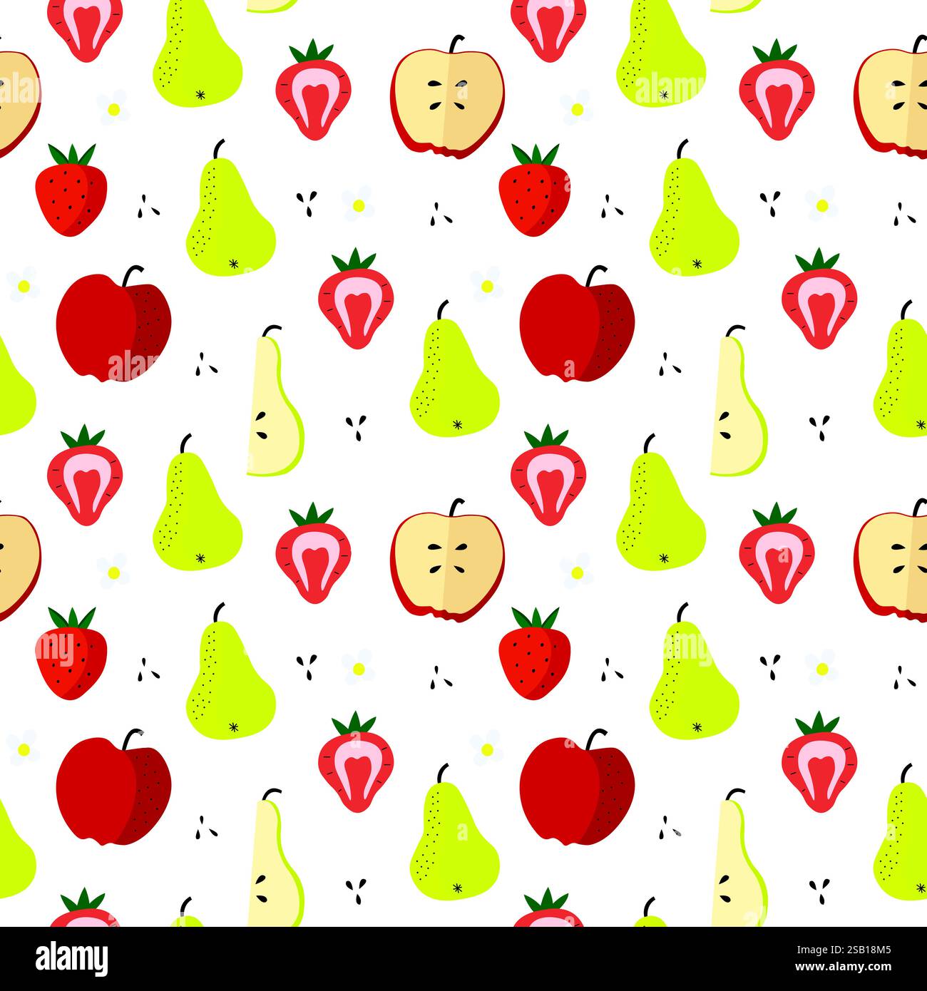 Modèle sans couture de fruits comprenant des poires, des pommes et des fraises avec des graines et des fleurs. Illustration de Vecteur