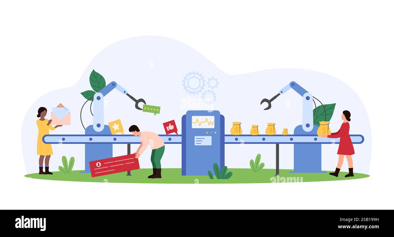 Minuscules personnes travaillant sur la génération de leads, en utilisant des processus automatisés et en analysant des données, en se concentrant sur les stratégies marketing et l'illustration vectorielle d'acquisition de clients. Illustration de Vecteur