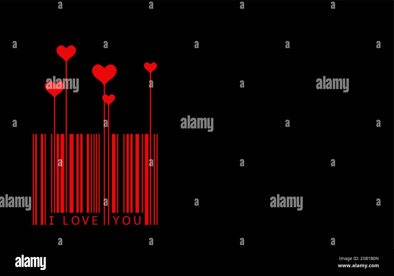 Concept de Saint-Valentin ou de fête des mères, conception créative de code à barres, symboles de texte et de cœur I Love You, silhouette de logo vectoriel rouge isolé sur noir Illustration de Vecteur