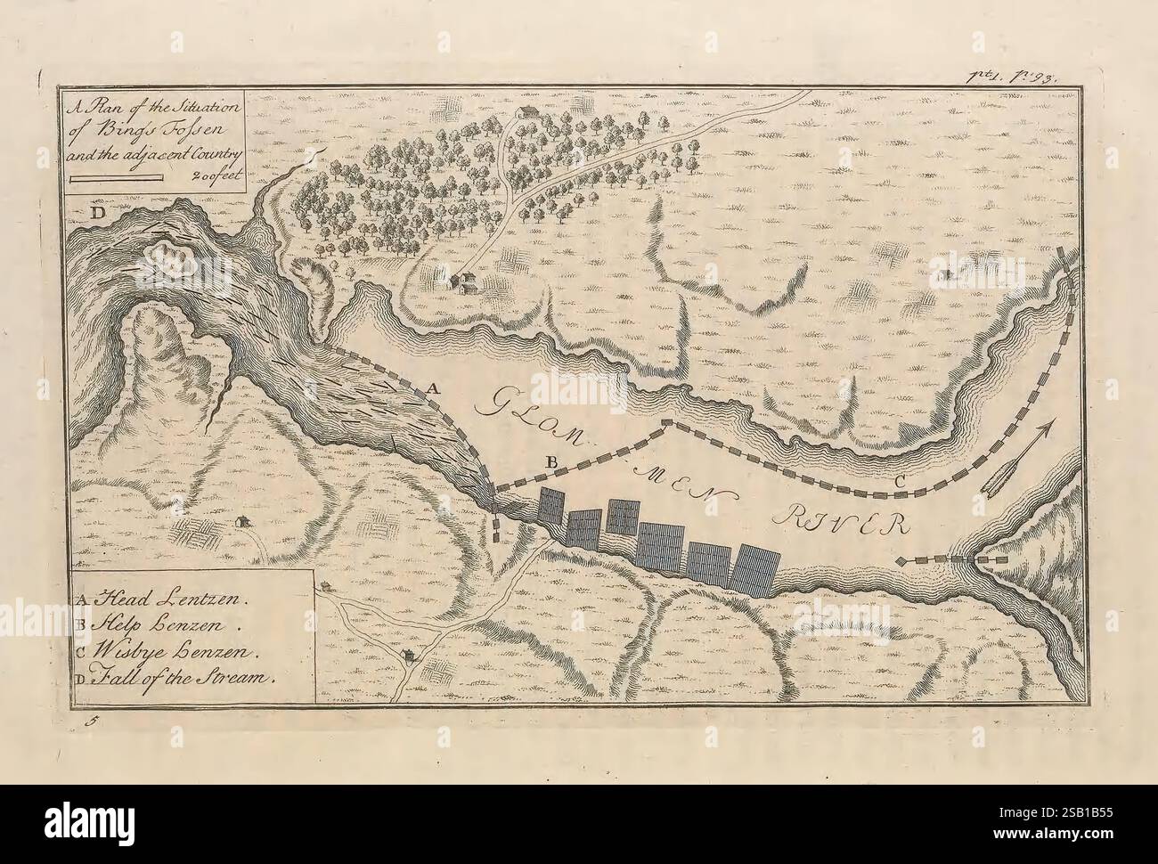 Le, naturel, histoire, de, Norvège, Londres, imprimé, pour A, Linde, 1755, Norvège, nature, histoire, Une carte détaillée montrant une rivière et ses environs, avec une série de structures rectangulaires représentant probablement des bâtiments ou des quais le long du bord de l'eau. La rivière serpente à travers un paysage varié, incluant des arbres illustrés et des reliefs, suggérant un environnement naturel. Les étiquettes et les notes fournissent le contexte et les descriptions dans un script cursif, indiquant les emplacements et les caractéristiques clés autour de la rivière. La composition globale met l'accent sur la géographie et les éléments artificiels, reflétant le Banque D'Images