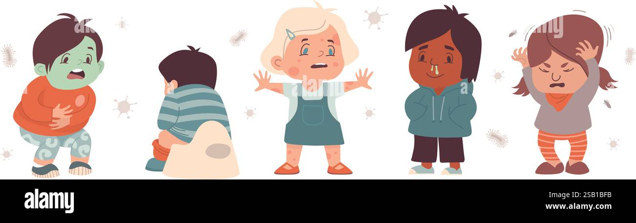 Maladies qui se propagent dans les jardins d'enfants. Les enfants en garderie souffrant d'infections. HFMD, pédiculose, diarrhée, grippe, écoulement nasal, allergie, chickenpo Illustration de Vecteur