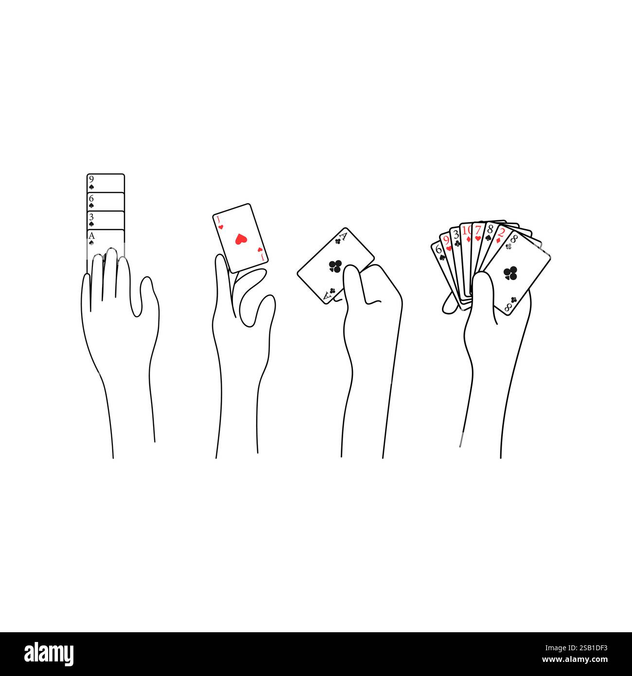 Mains tenant et interagissant avec des cartes à jouer. Illustration vectorielle minimaliste. Poker, Blackjack, jeux de cartes. Casino, concept de jeu. Illustration de Vecteur