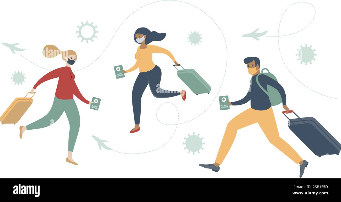 Concept de voyage pendant une pandémie. Résultat du test COVID-19, passeport de santé, certificat d'immunité covid-19, voyage en toute sécurité. Illustration vectorielle plate Illustration de Vecteur Concept de voyage pendant une pandémie. Résultat du test COVID-19, passeport de santé, certificat d'immunité covid-19, voyage en toute sécurité. Illustration vectorielle plate Illustration de Vecteur