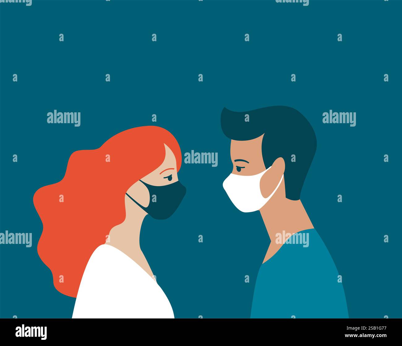 les personnes sous masques médicaux de protection. Homme et femme portant une protection contre les virus pendant la pandémie de covid-19. Pollution atmosphérique urbaine, smog, vapeurs, pol Illustration de Vecteur