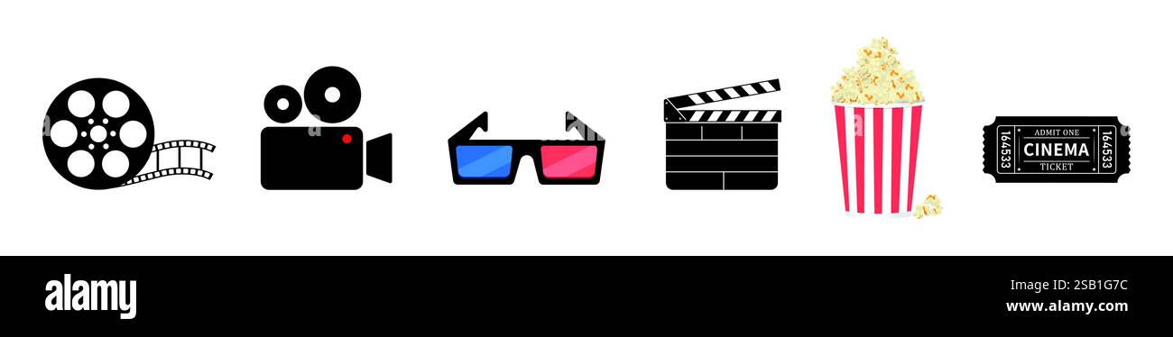 Jeu d'icônes Cinéma. Collection d'enseignes cinématographiques. Ensemble de cinéma, film, icônes vidéo, film de collection, tv. Paquet boîte pop-corn grande bobine de film. Ouvrir la plaque du battant. Illustration de Vecteur