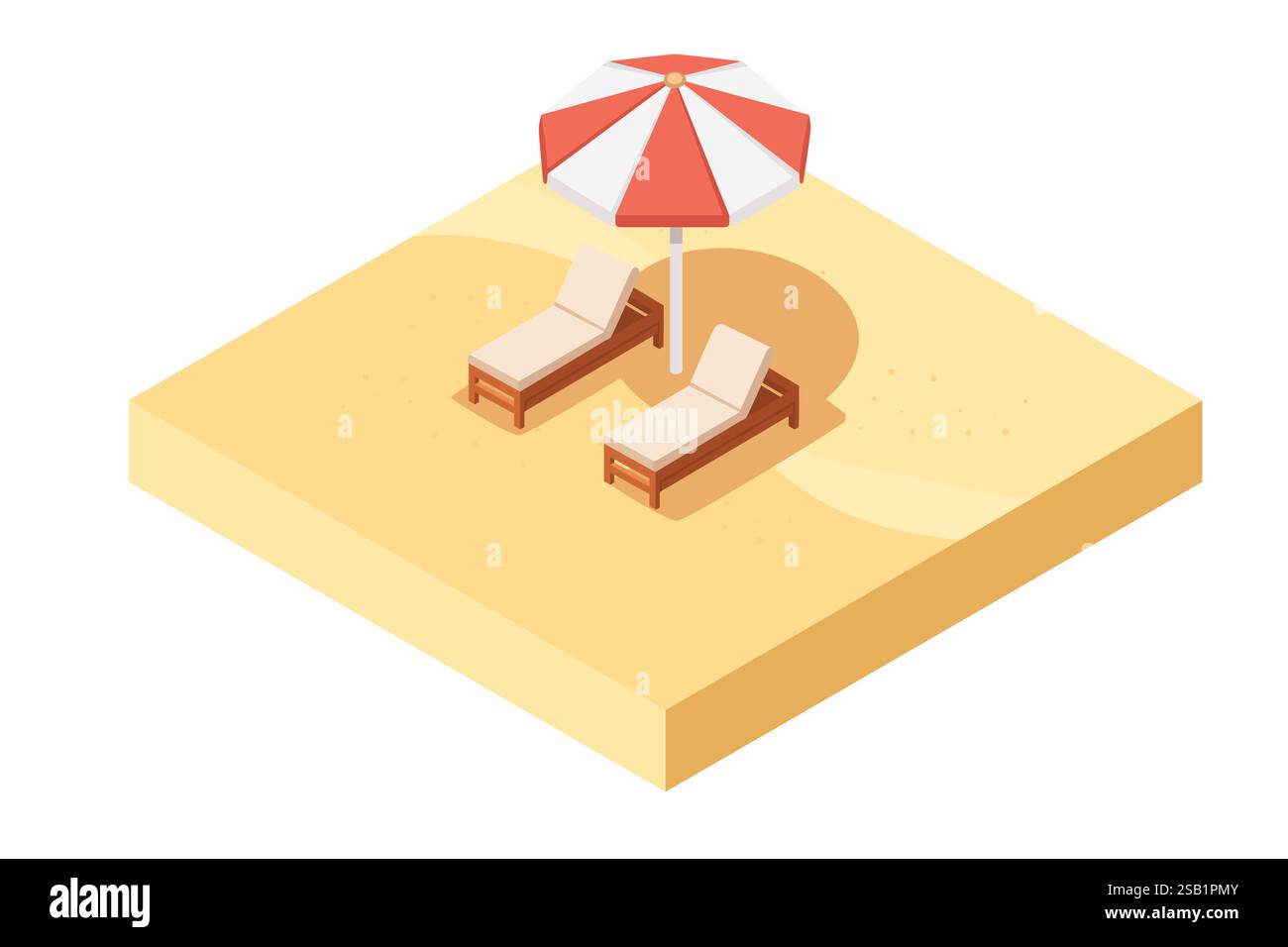 Terrain carré isométrique avec sable jaune, lit de plage et parasol. Sol avec des couches. Paysage de plage, terrain de dessin animé. Illustration vectorielle isolée Illustration de Vecteur