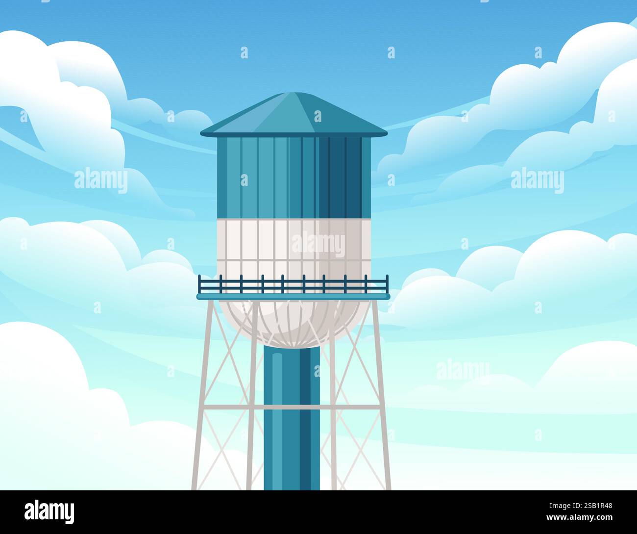 Château d'eau bleu avec un design rayé et une ossature métallique. Dessus cylindrique surélevé par des poutres en acier. Illustration vectorielle avec fond de ciel de nuage. Illustration de Vecteur