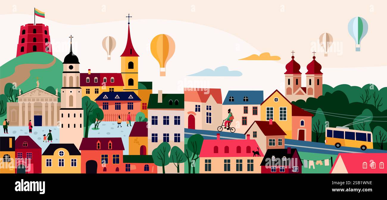Vilnius capitale de la Lituanie skyline avec la tour du château de Gediminas, la vieille ville, des montgolfières et d'autres monuments et symboles. Europe vieille ville rue l Illustration de Vecteur