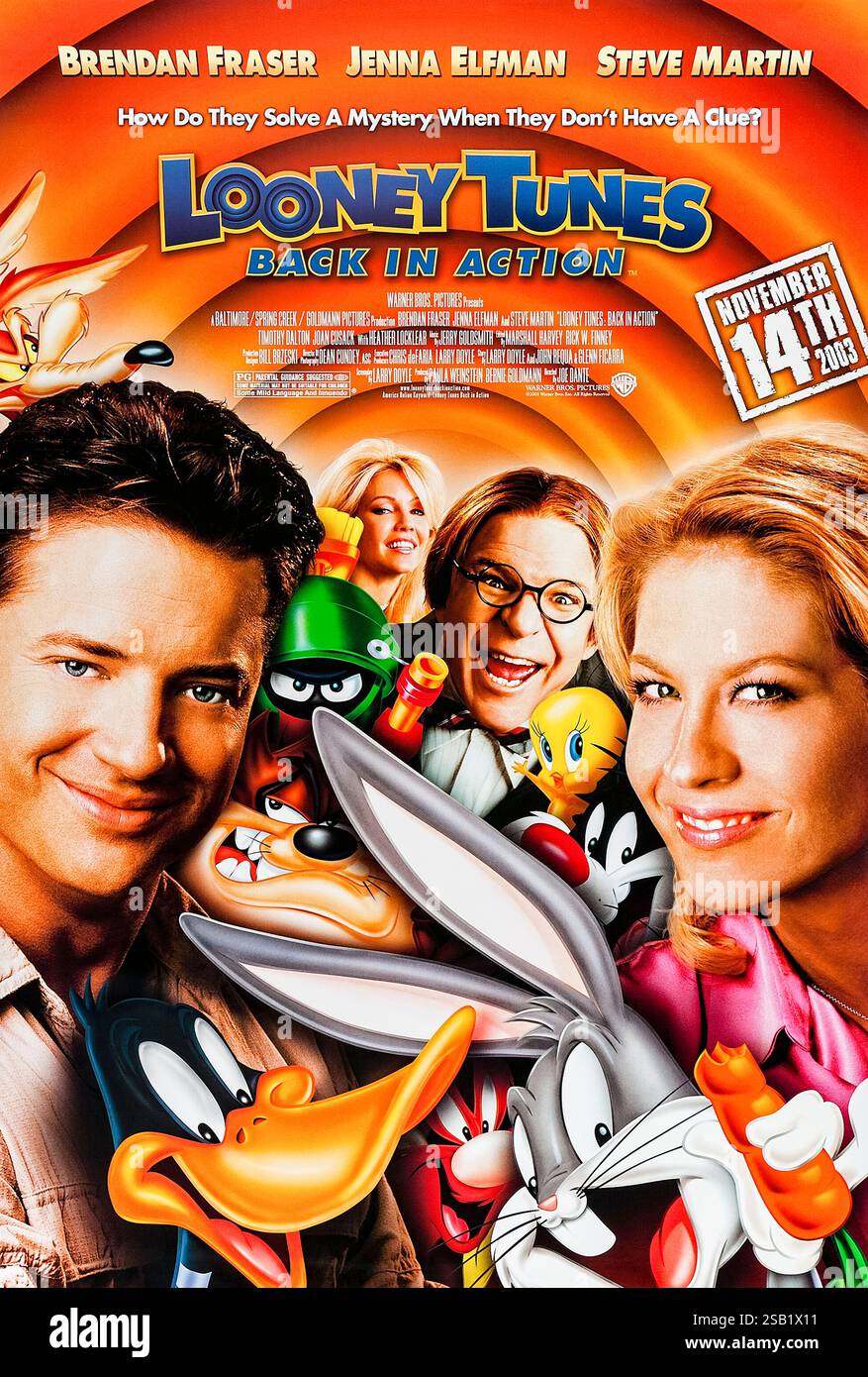 Looney Tunes : Back in action (2003) réalisé par Joe Dante et mettant en vedette Brendan Fraser, Jenna Elfman et Steve Martin. Bugs Bunny et Daffy Duck se lancent dans une aventure en direct/animée aidant un garde de sécurité et une cascadeuse à trouver un diamant mystérieux. Photographie d'une affiche américaine originale de 2003 À USAGE ÉDITORIAL EXCLUSIF. Crédit : BFA / Warner Bros Banque D'Images